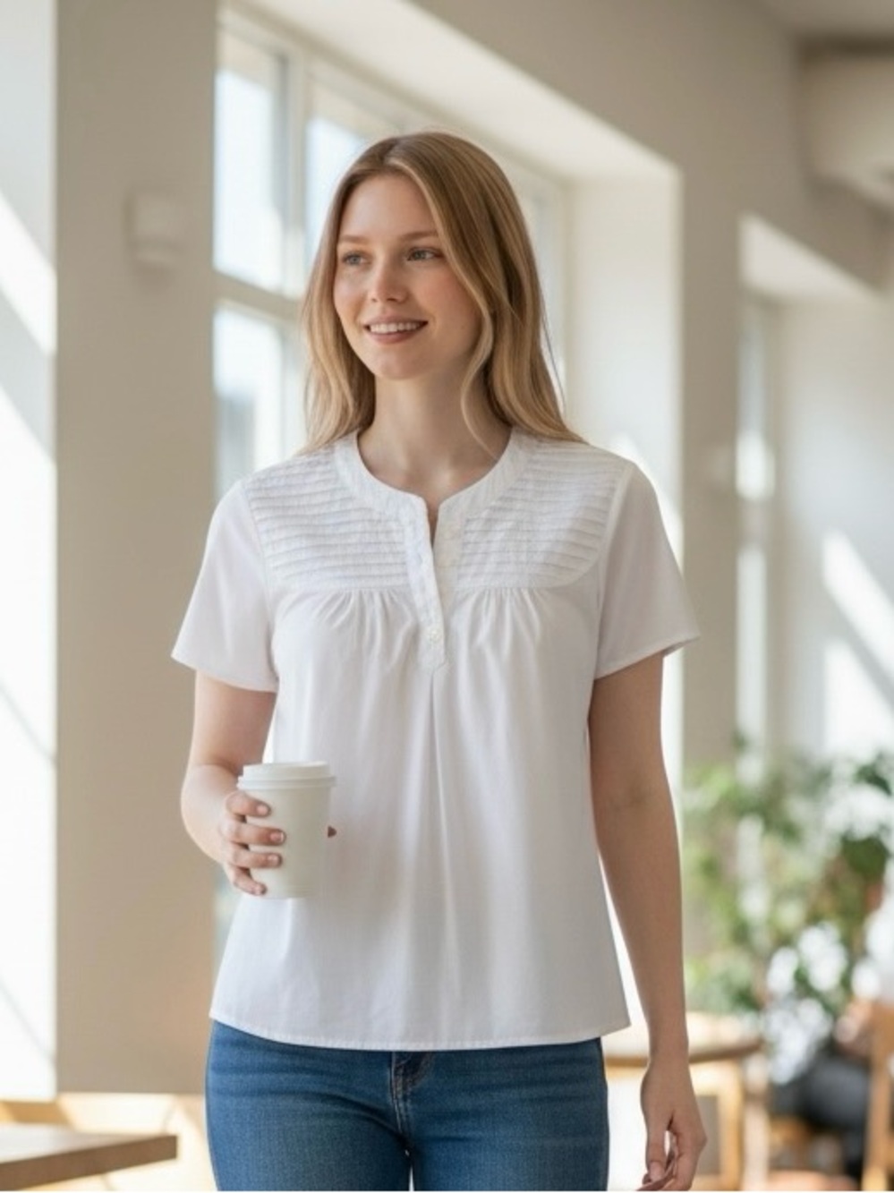 Nicole by Nicole Miller White Pintuck Yoke Short-Sleeve Blouse - Size 16